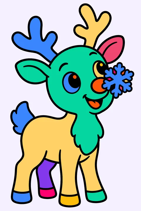 Happy reindeer catching a big snowflake on its nose coloring page