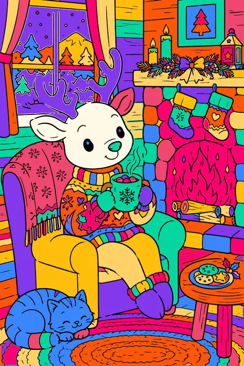 Reindeer sipping hot cocoa by a crackling fireplace in a cozy cabin coloring page
