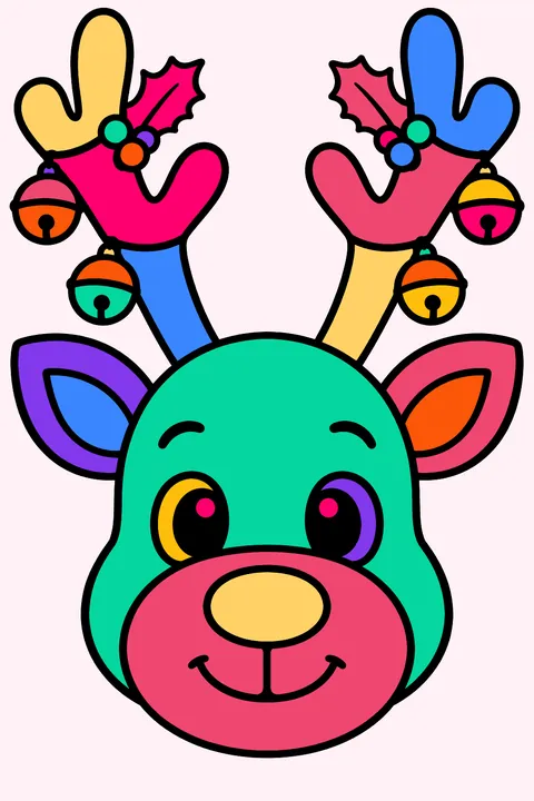 Reindeer face with tall antlers decorated with jingle bells and holly coloring page