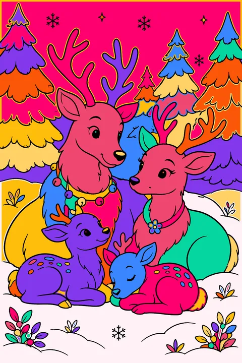 Reindeer family resting together in a quiet snowy pine forest coloring page