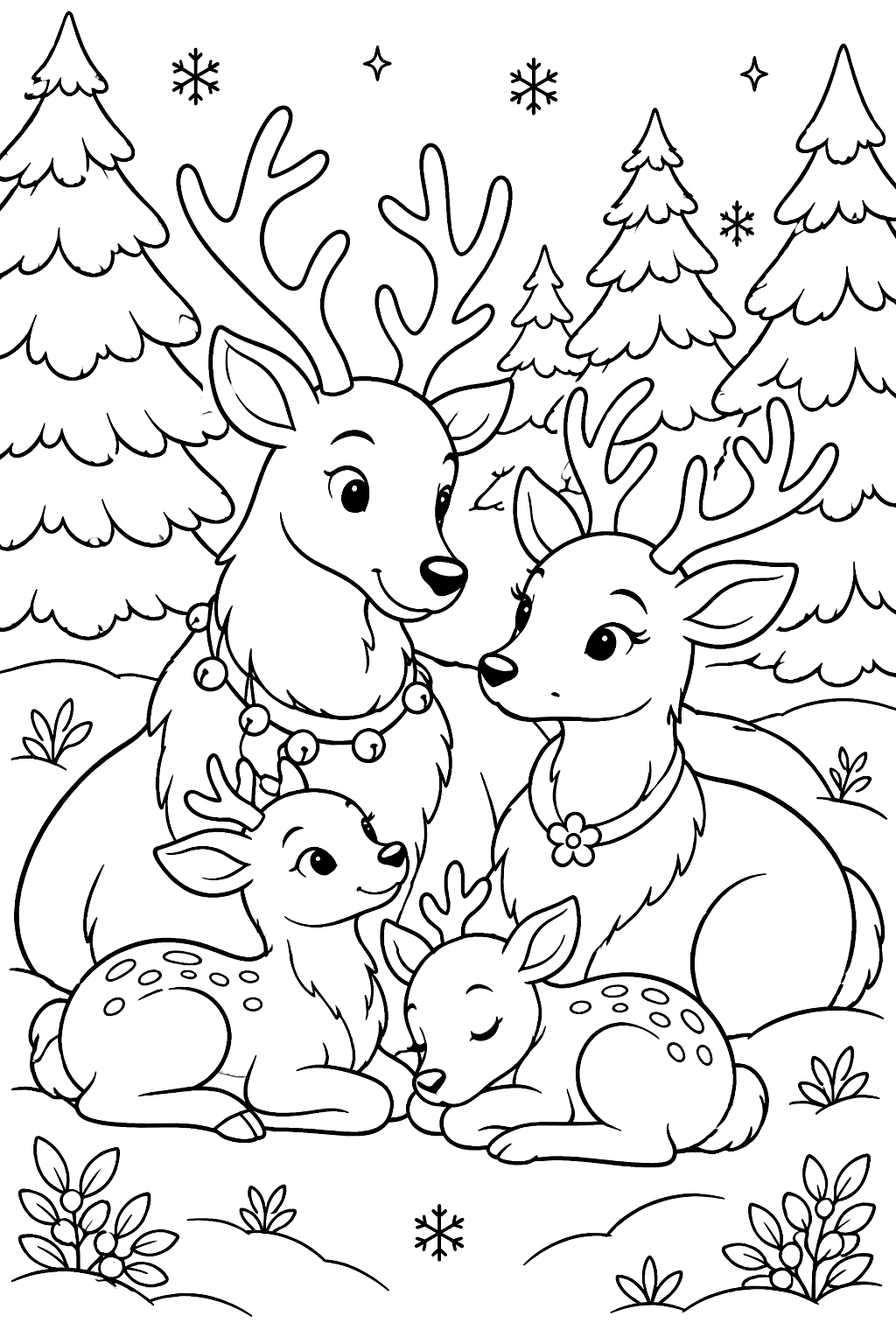 Reindeer family resting together in a quiet snowy pine forest coloring page