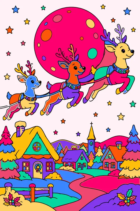 Reindeer flying in front of a full moon over a snowy village coloring page