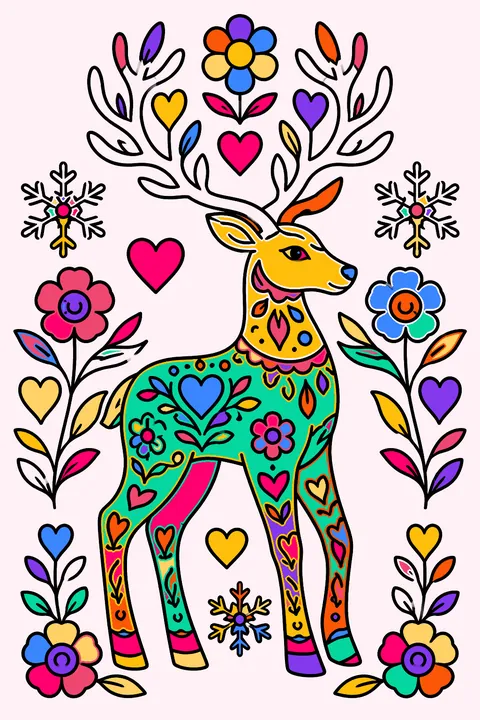 Reindeer in scandinavian folk art style surrounded by ornate flowers hearts and snowflakes coloring page