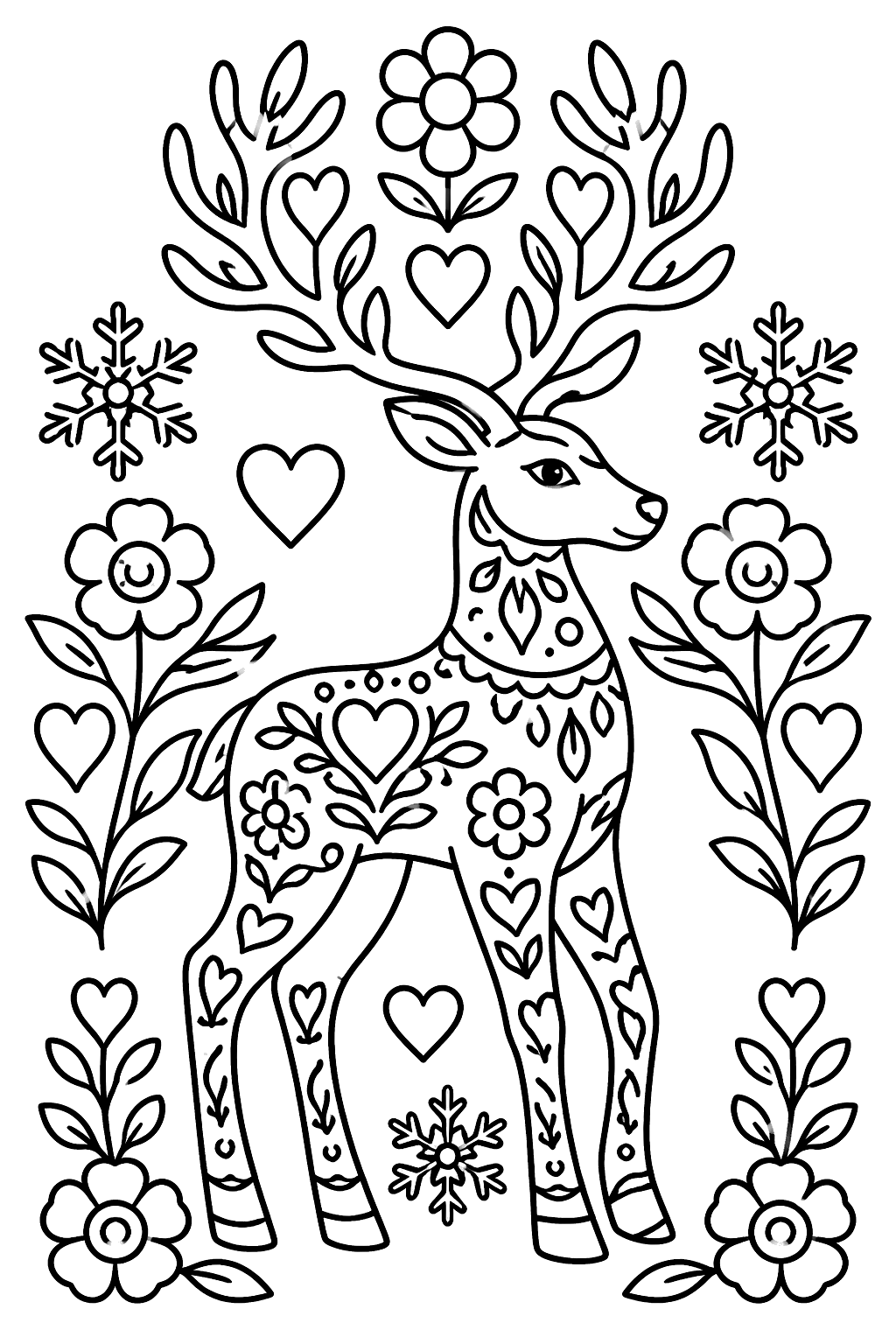 Reindeer in scandinavian folk art style surrounded by ornate flowers hearts and snowflakes coloring page