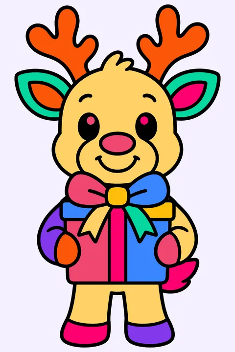 Cute reindeer holding a wrapped present with a big bow coloring page