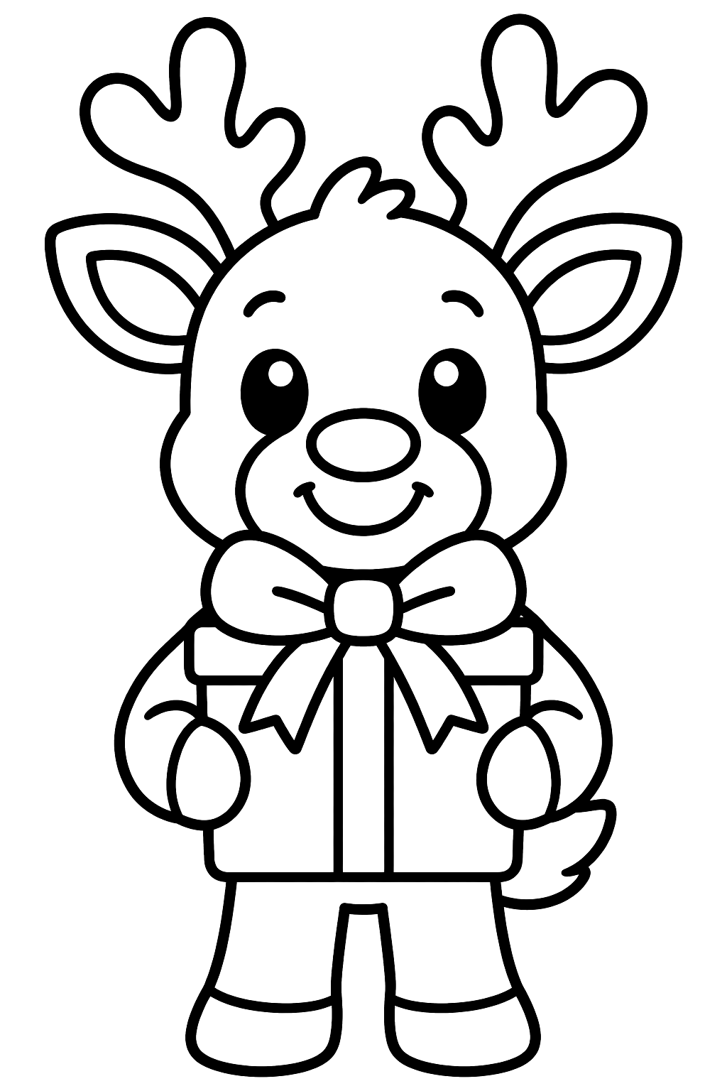 Cute reindeer holding a wrapped present with a big bow coloring page