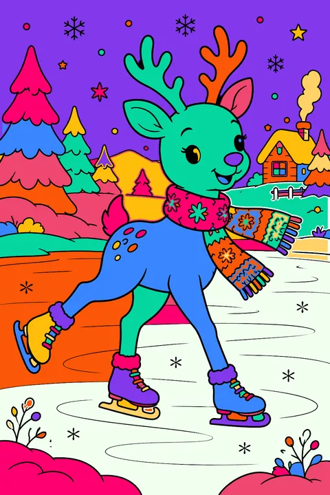 Reindeer ice skating on a frozen pond wearing a cozy knit scarf coloring page