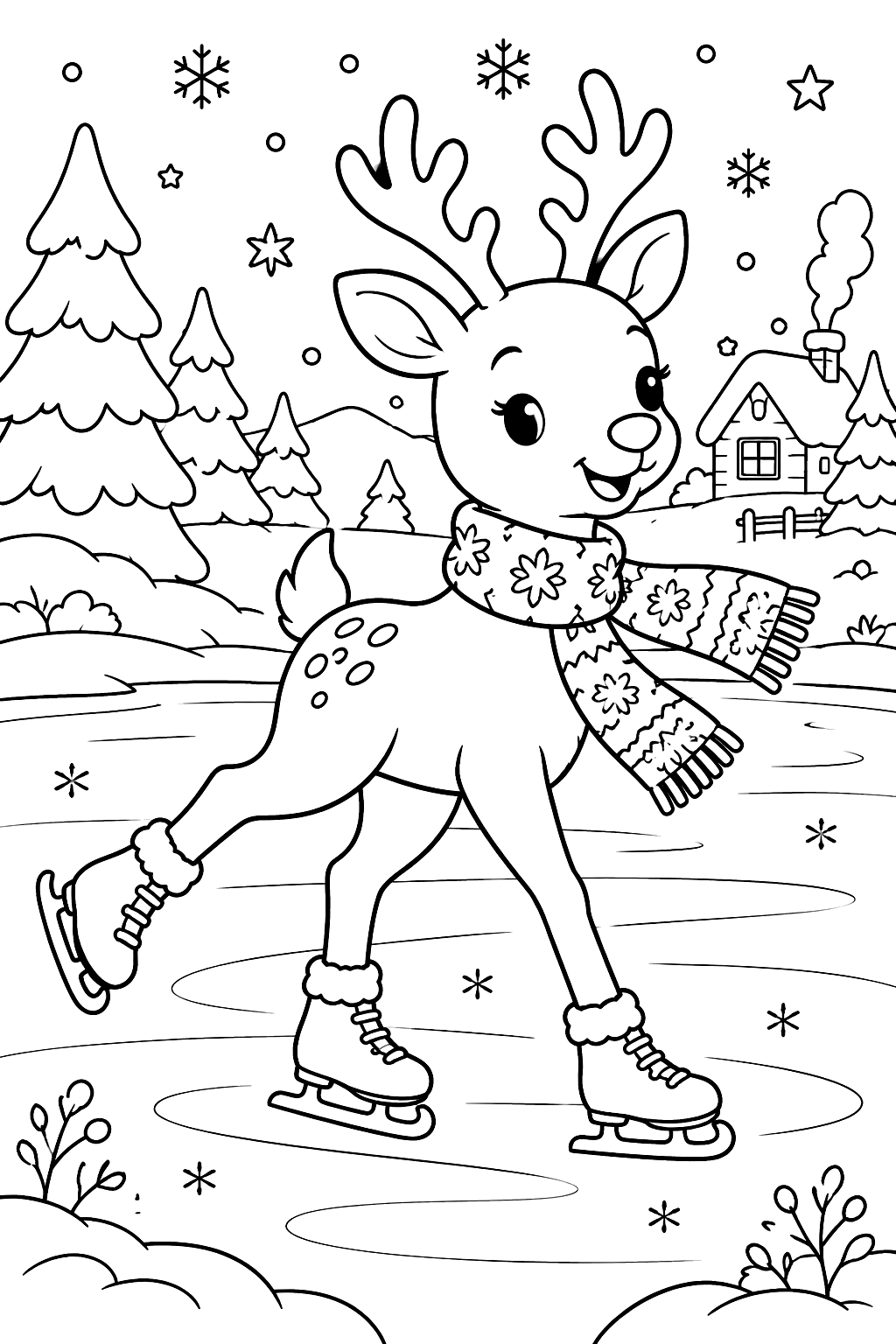 Reindeer ice skating on a frozen pond wearing a cozy knit scarf coloring page