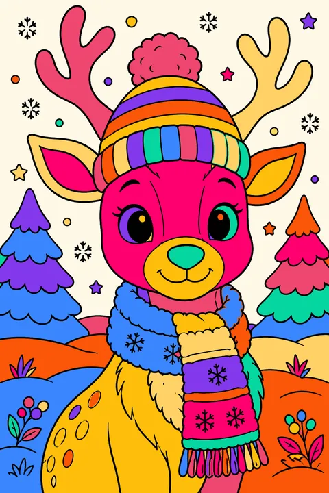Reindeer portrait wearing a striped knit hat and a fluffy winter scarf coloring page