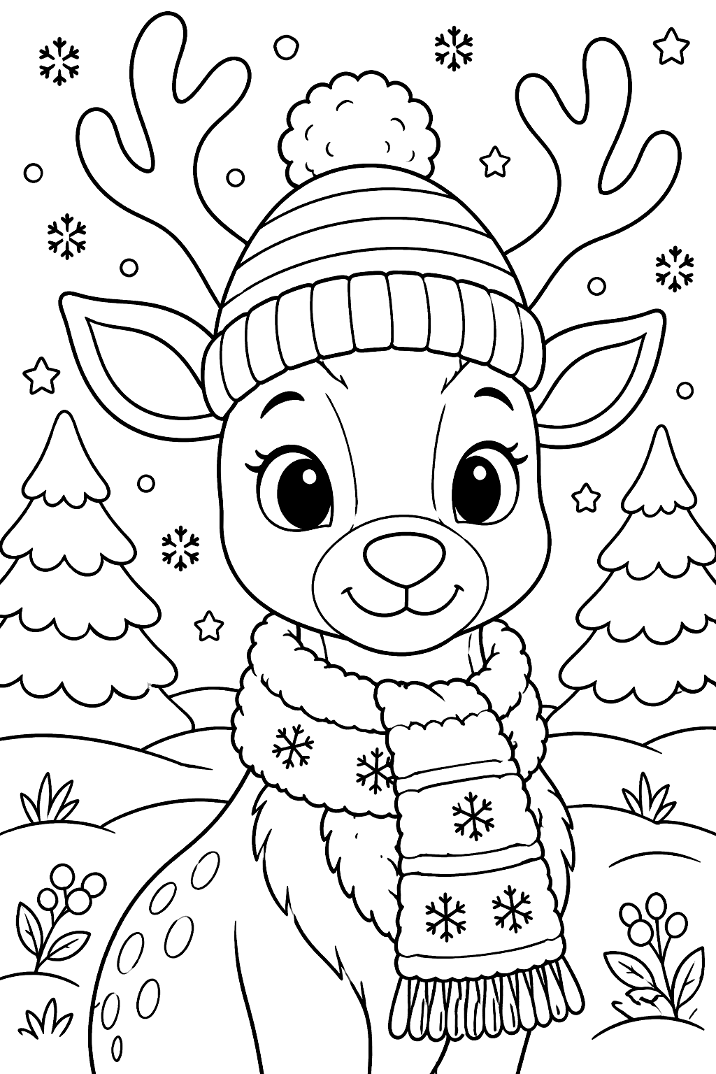 Reindeer portrait wearing a striped knit hat and a fluffy winter scarf coloring page
