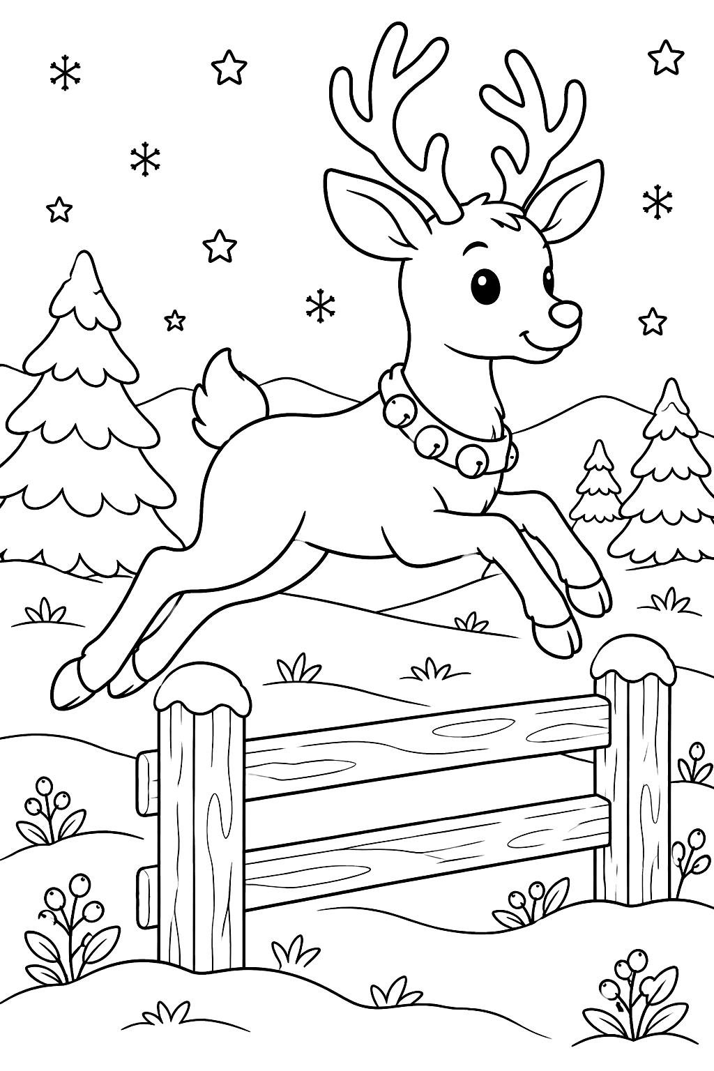 Reindeer leaping over a wooden fence in a snowy meadow coloring page