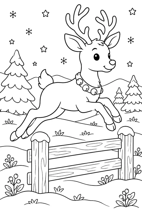 Reindeer leaping over a wooden fence in a snowy meadow coloring page