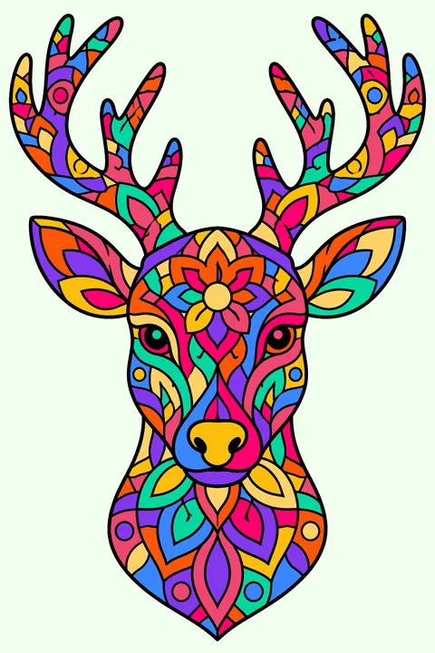 Reindeer head with intricate mandala patterns filling its face and branching antlers coloring page