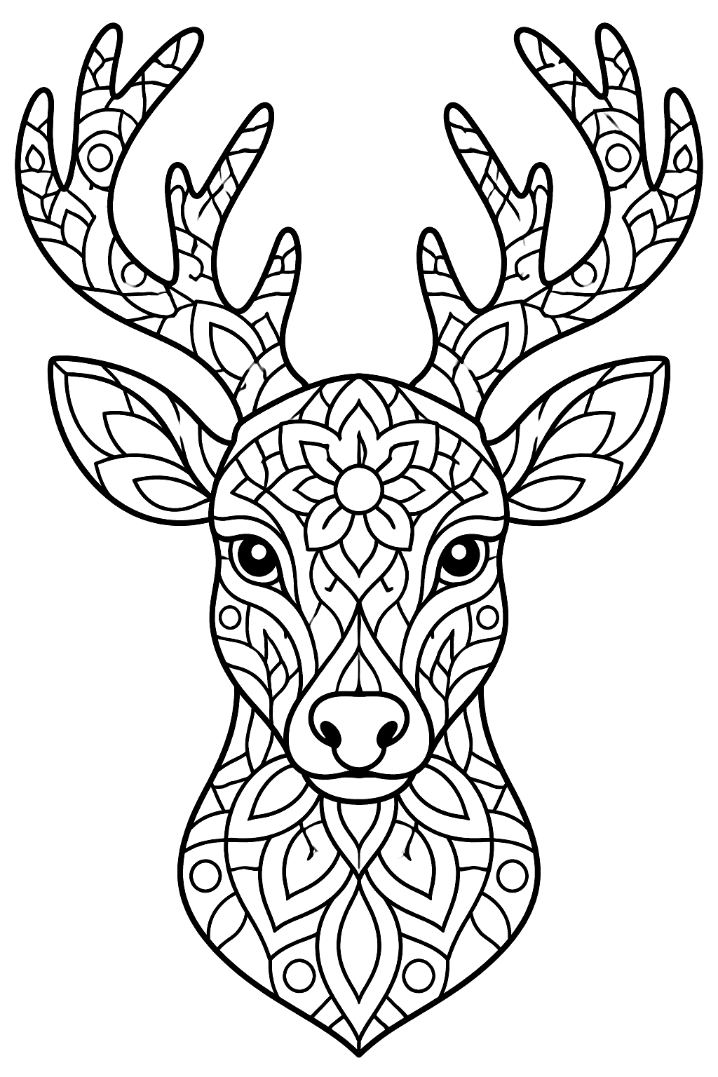 Reindeer head with intricate mandala patterns filling its face and branching antlers coloring page