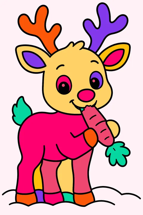 Reindeer munching a crunchy carrot while standing in the snow coloring page