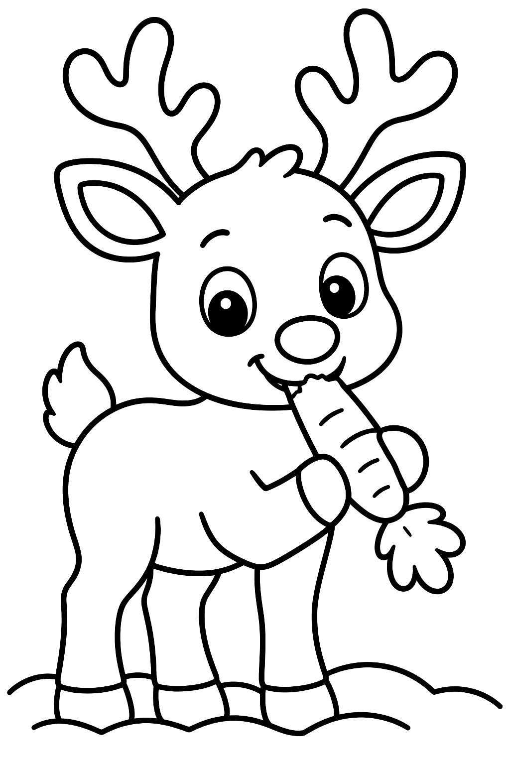 Reindeer munching a crunchy carrot while standing in the snow coloring page