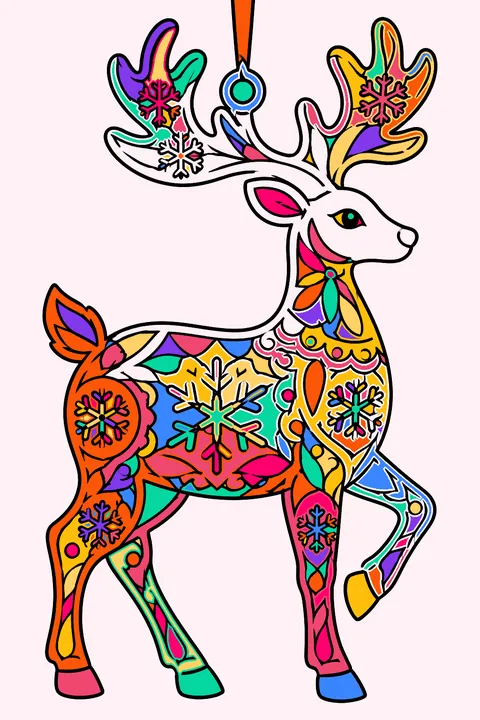 Reindeer shaped christmas ornament covered in intricate lace patterns and snowflake designs coloring page
