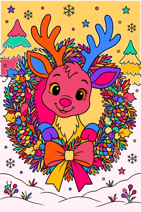 Reindeer peeking through a christmas wreath with pinecones and berries coloring page