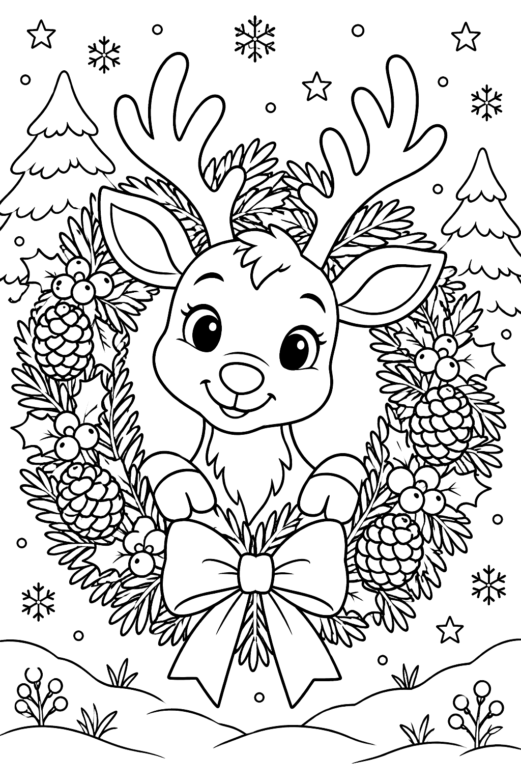Reindeer peeking through a christmas wreath with pinecones and berries coloring page