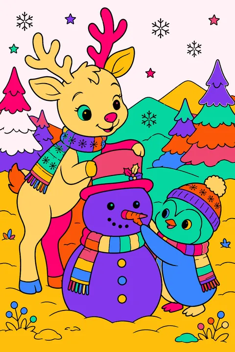 Reindeer and a little penguin building a snowman together coloring page