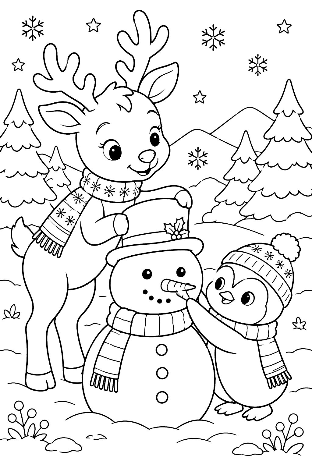 Reindeer and a little penguin building a snowman together coloring page