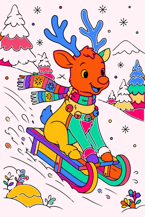 Reindeer sledding down a snowy hill on a wooden sled coloring page