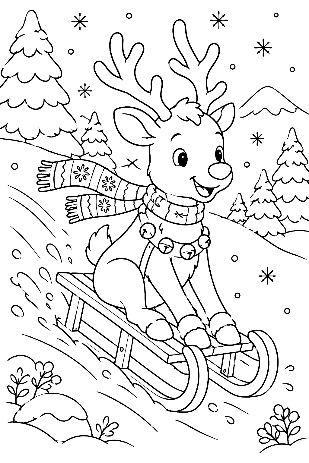 Reindeer sledding down a snowy hill on a wooden sled coloring page