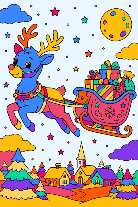 Reindeer pulling a sleigh full of presents across a starry night sky coloring page