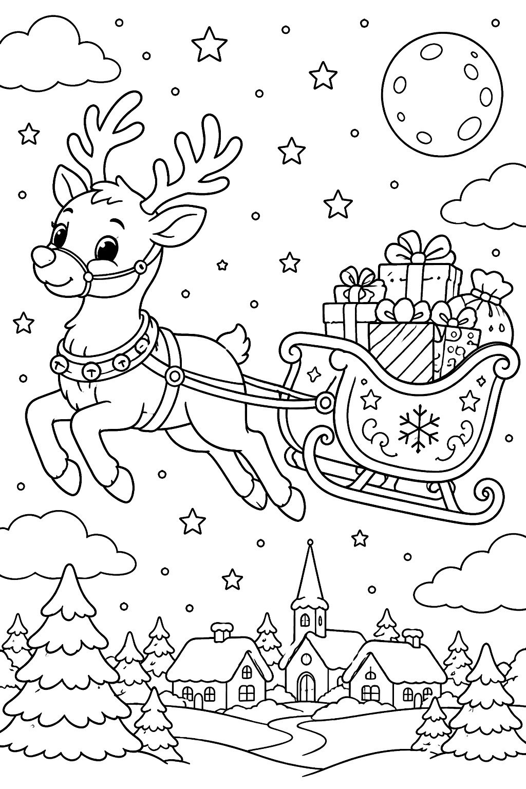 Reindeer pulling a sleigh full of presents across a starry night sky coloring page