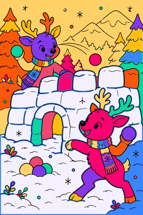 Two reindeer having a snowball fight next to a snow fort coloring page