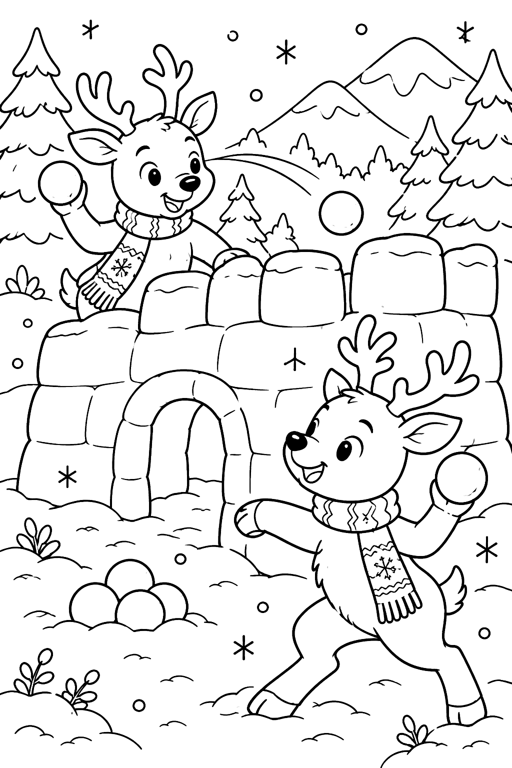 Two reindeer having a snowball fight next to a snow fort coloring page