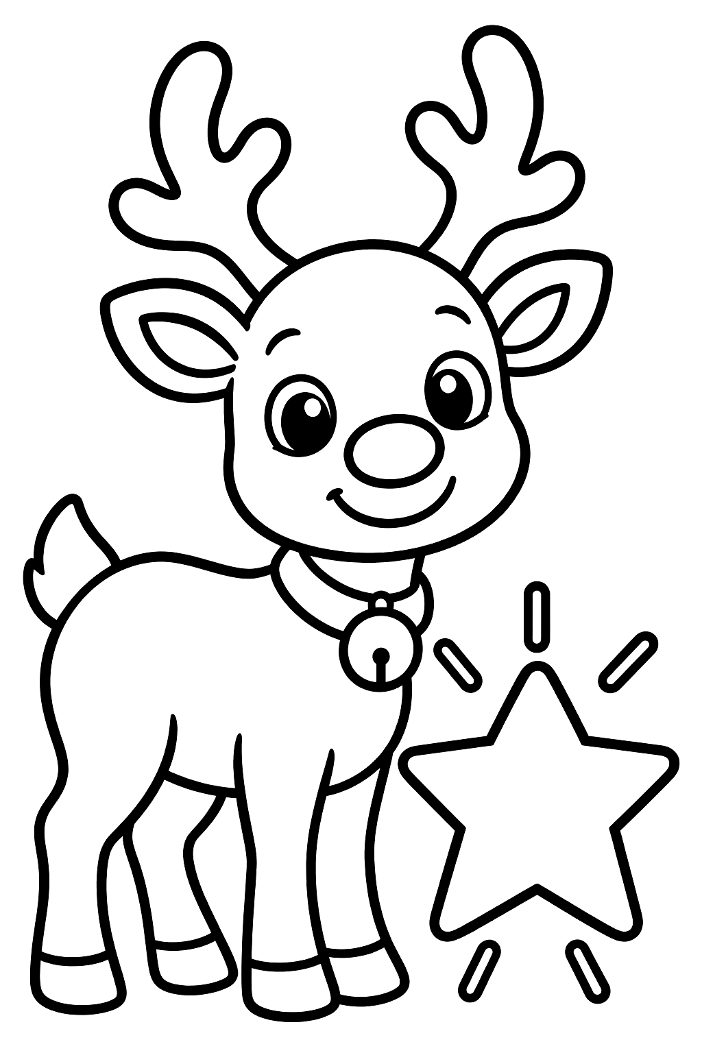 Reindeer standing proudly next to a big shining star coloring page