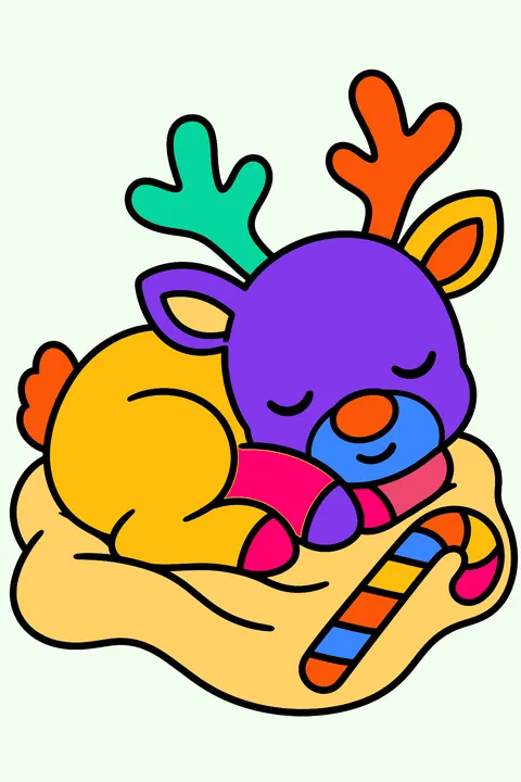 Sleepy reindeer curled up on a blanket next to a candy cane coloring page