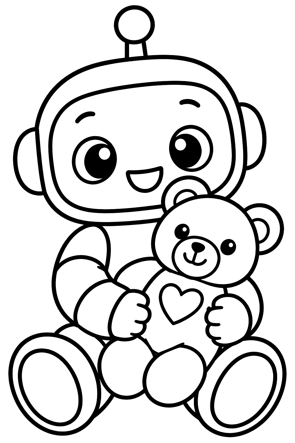 Baby robot hugging a teddy bear with a heart on its chest coloring page