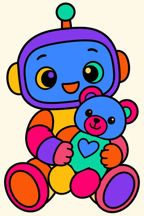 Baby robot hugging a teddy bear with a heart on its chest coloring page