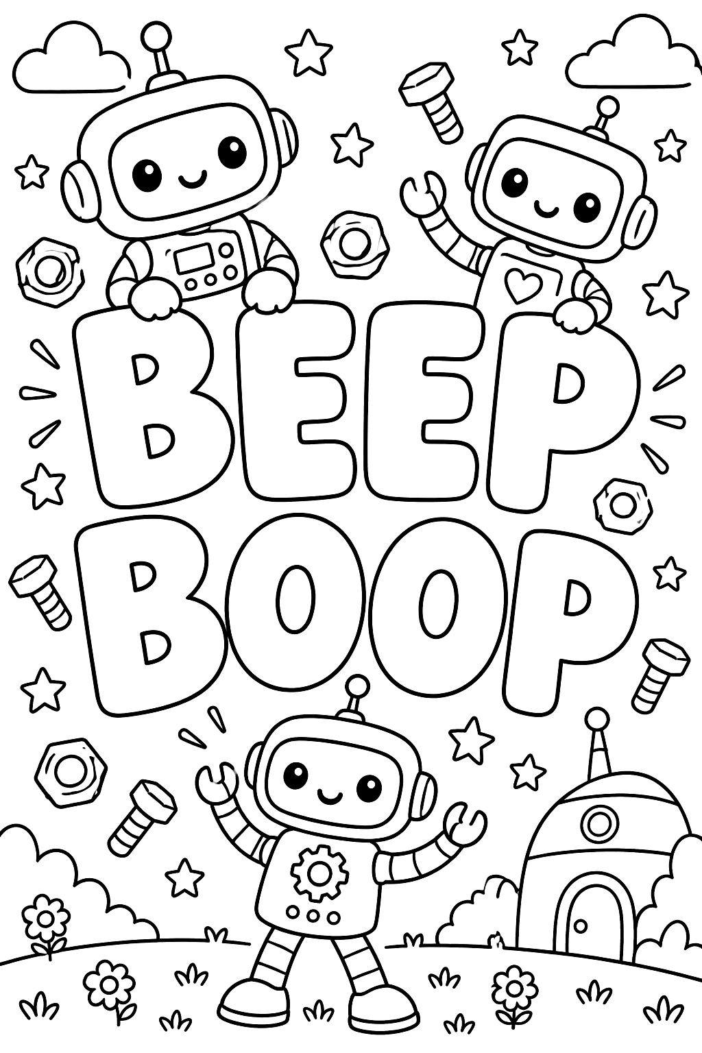 Beep boop lettering in big outline letters with little robots and bolts coloring page