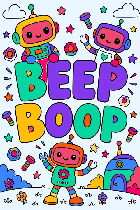 Beep boop lettering in big outline letters with little robots and bolts coloring page