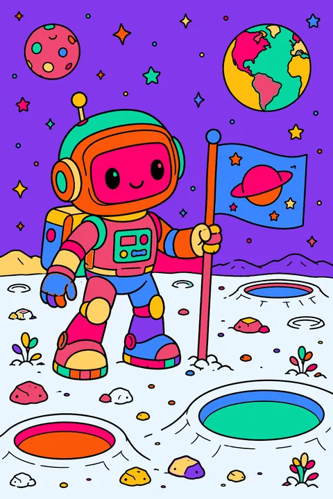 Robot astronaut exploring the moon beside a flag and big craters coloring page
