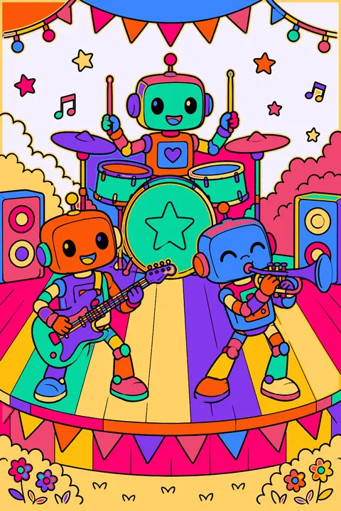 Robot band playing drums, guitar and trumpet on a small stage coloring page