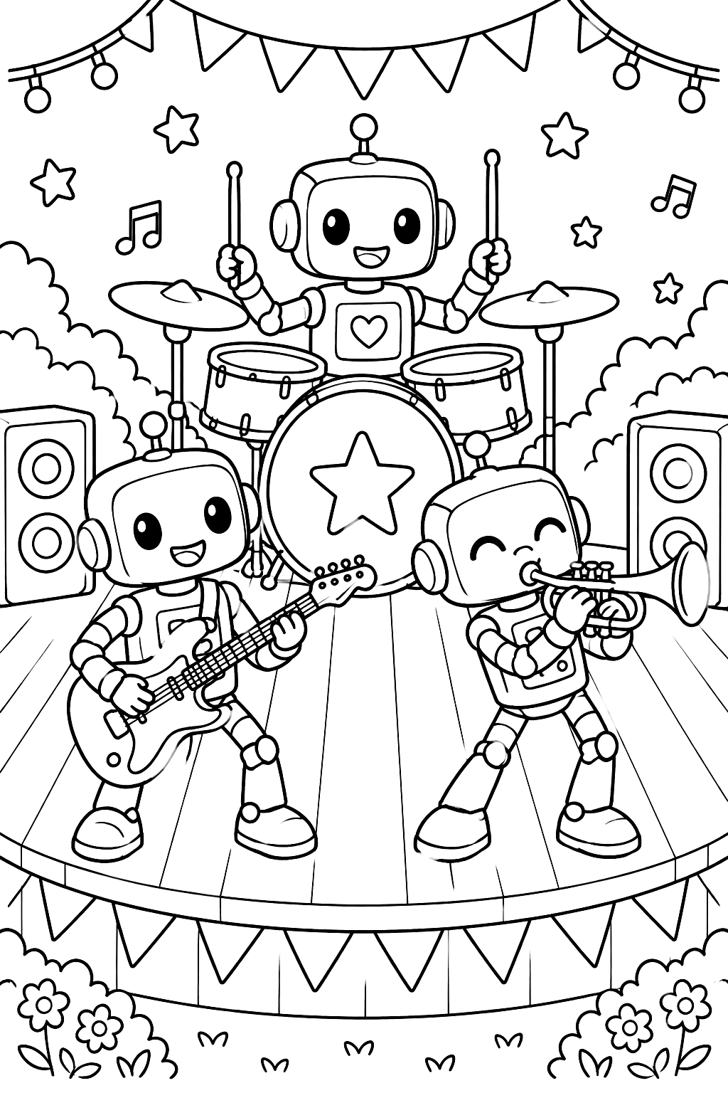Robot band playing drums, guitar and trumpet on a small stage coloring page