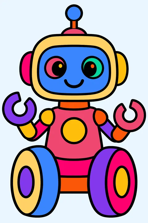 Simple robot rolling on big wheels with two claw hands coloring page