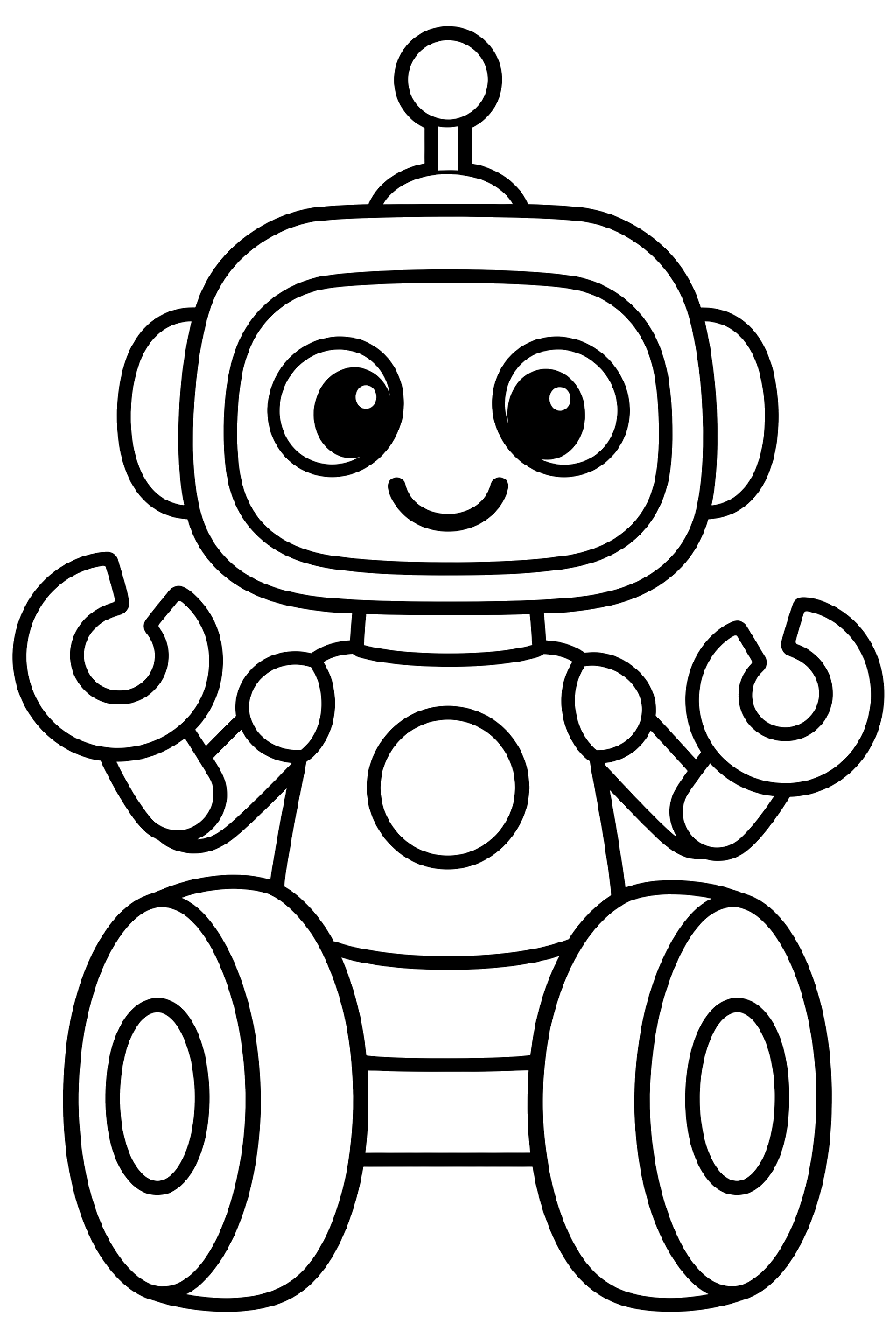 Simple robot rolling on big wheels with two claw hands coloring page