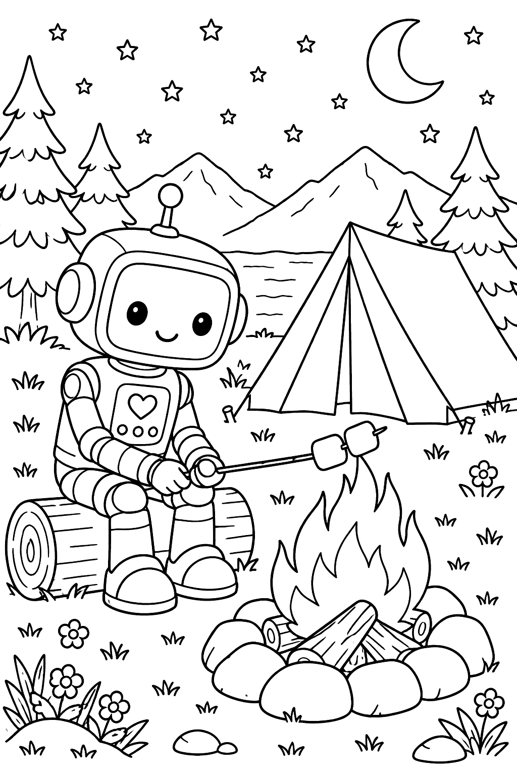 Robot camping beside a tent and campfire roasting marshmallows under the stars coloring page