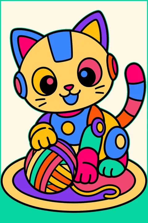 Cute robot cat playing with a ball of yarn on a rug coloring page