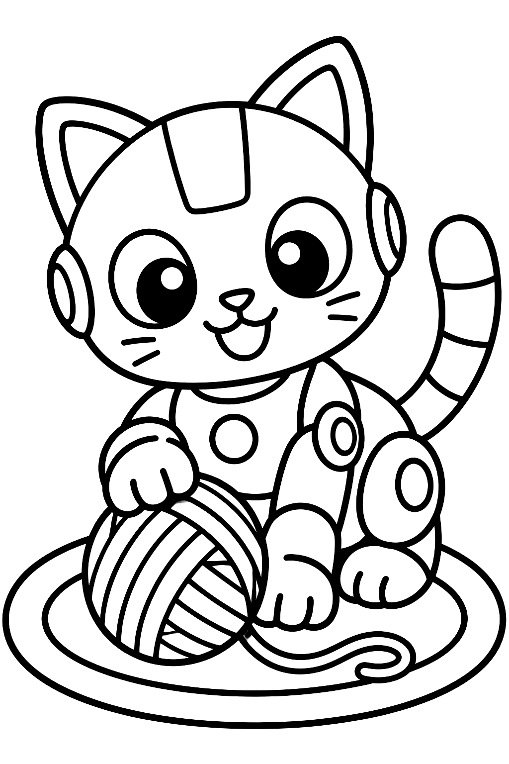 Cute robot cat playing with a ball of yarn on a rug coloring page
