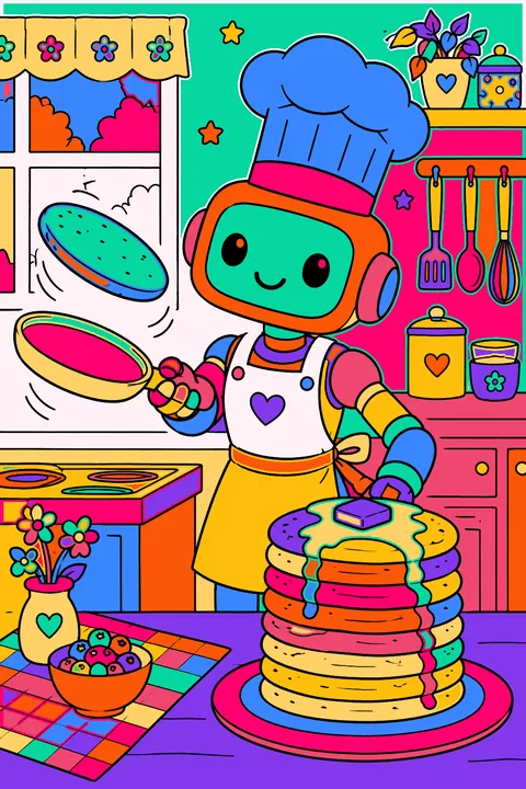 Robot chef flipping pancakes in a kitchen with a tall stack on a plate coloring page