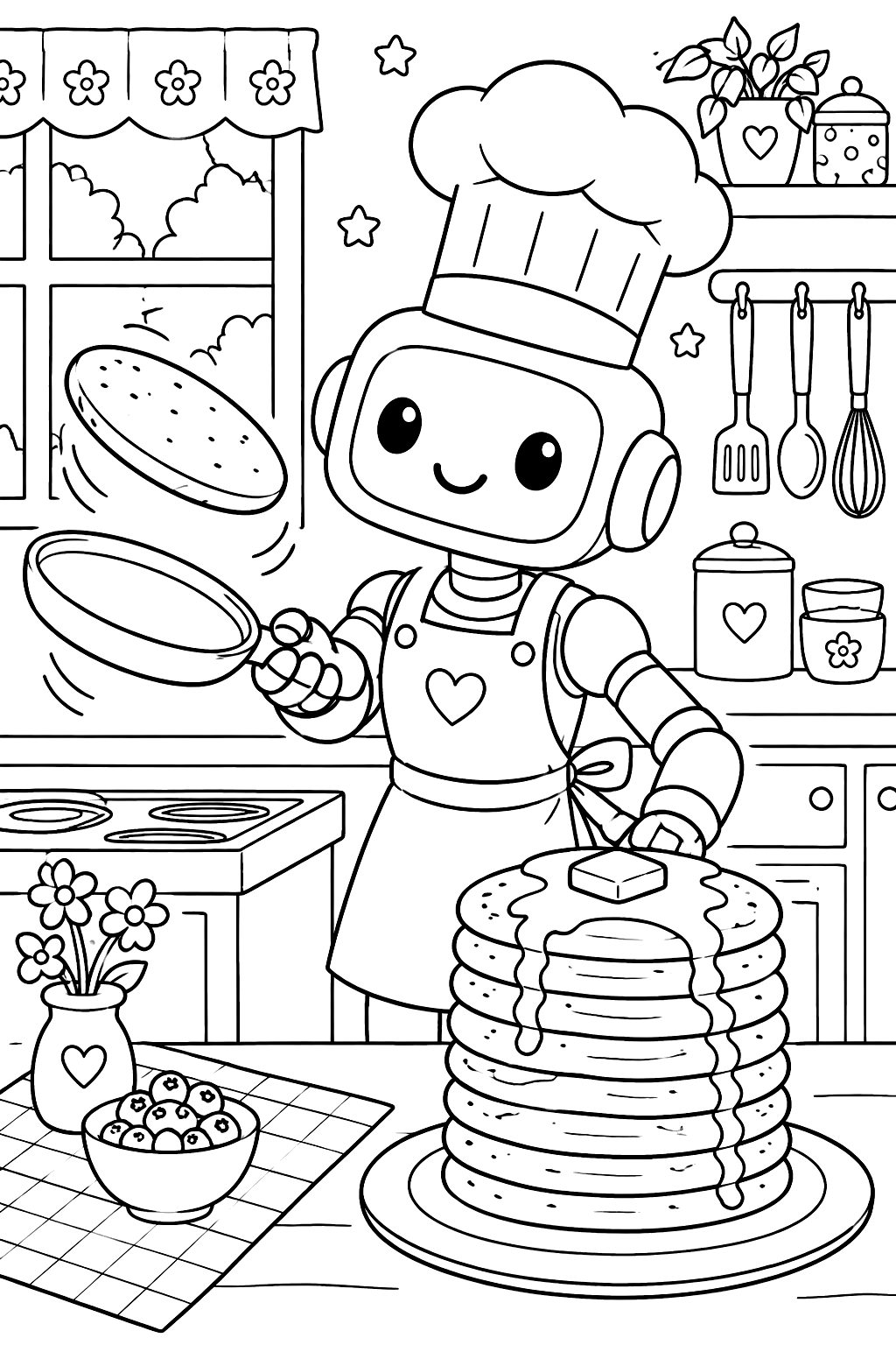 Robot chef flipping pancakes in a kitchen with a tall stack on a plate coloring page