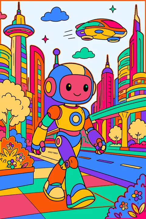 Robot walking down a city street with tall buildings and a flying car coloring page