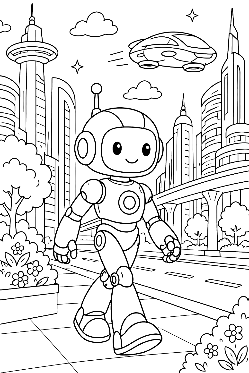 Robot walking down a city street with tall buildings and a flying car coloring page