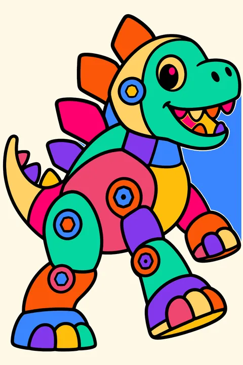 Robot dinosaur toy stomping along with spiky back plates and bolts coloring page